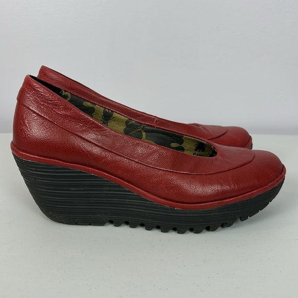 Fly London Yoko Leather Wedge Pump Edgy Platform Slip On Shoe Size EU 38 Red - Picture 3 of 13